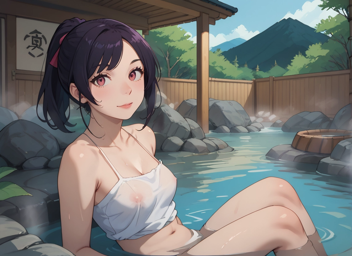 1girl, breasts, solo, onsen, looking at viewer, navel · Yamete.gg