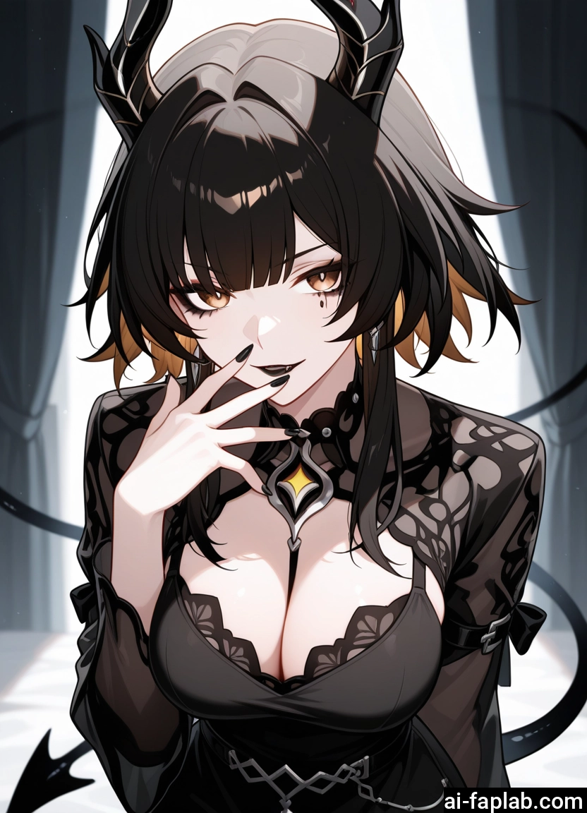 1girl, breasts, horns, solo, tail, cleavage