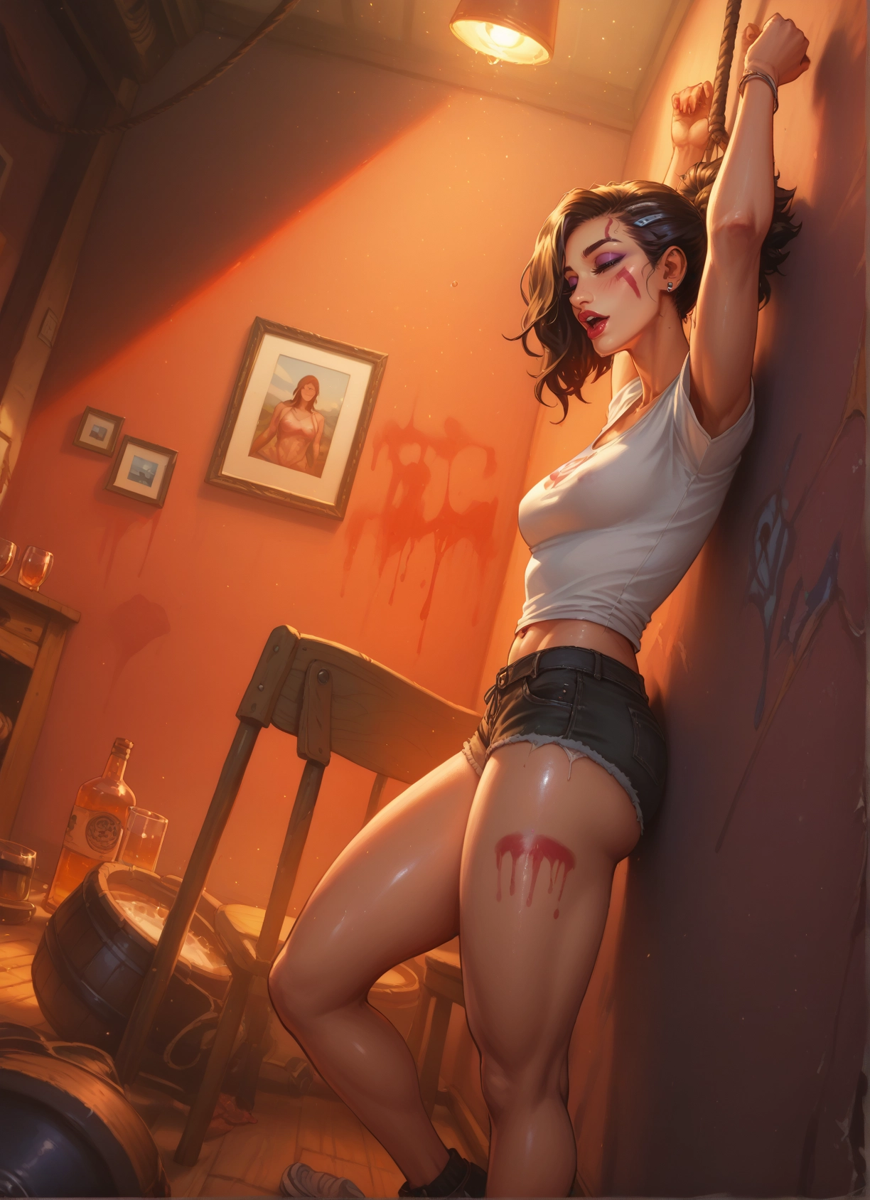 1girl, shorts, breasts, jewelry, bound, solo · Yamete.gg