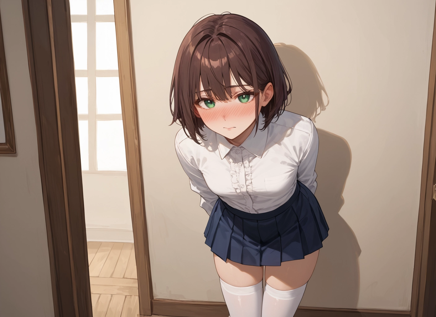 1girl, skirt, thighhighs, green eyes, blush, brown hair · Yamete.gg