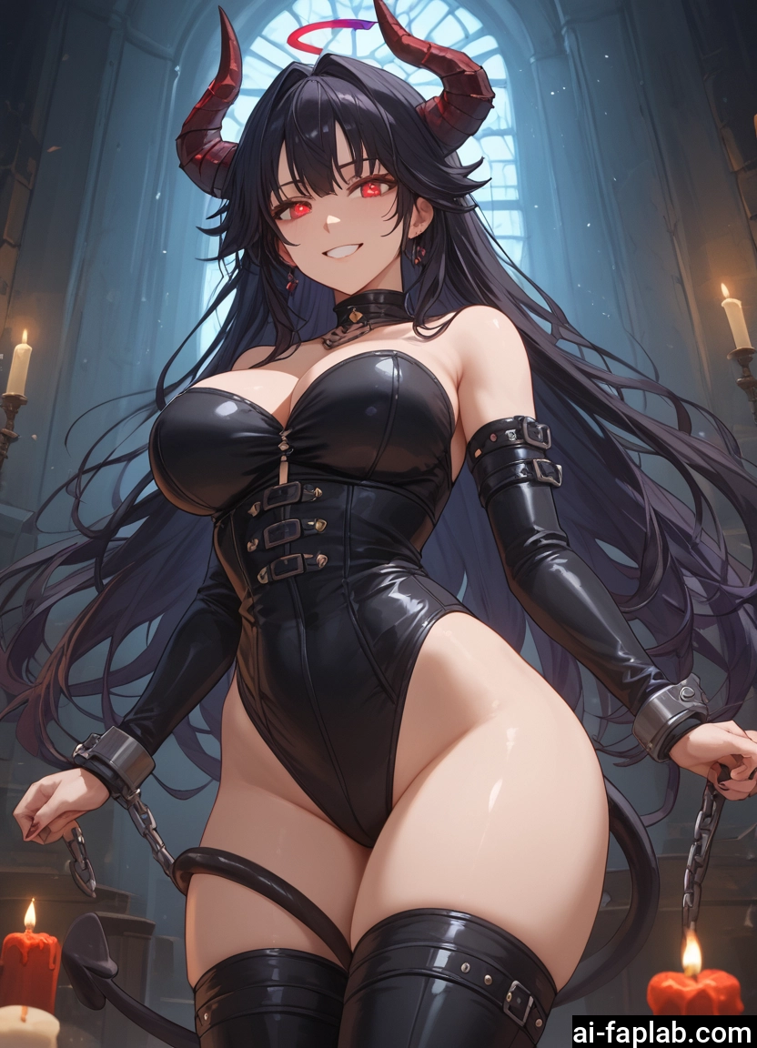 1girl, breasts, horns, red eyes, tail, thighhighs