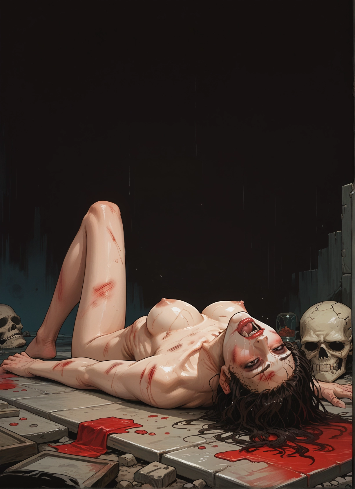1girl, breasts, nipples, nude, skull, solo · Yamete.gg
