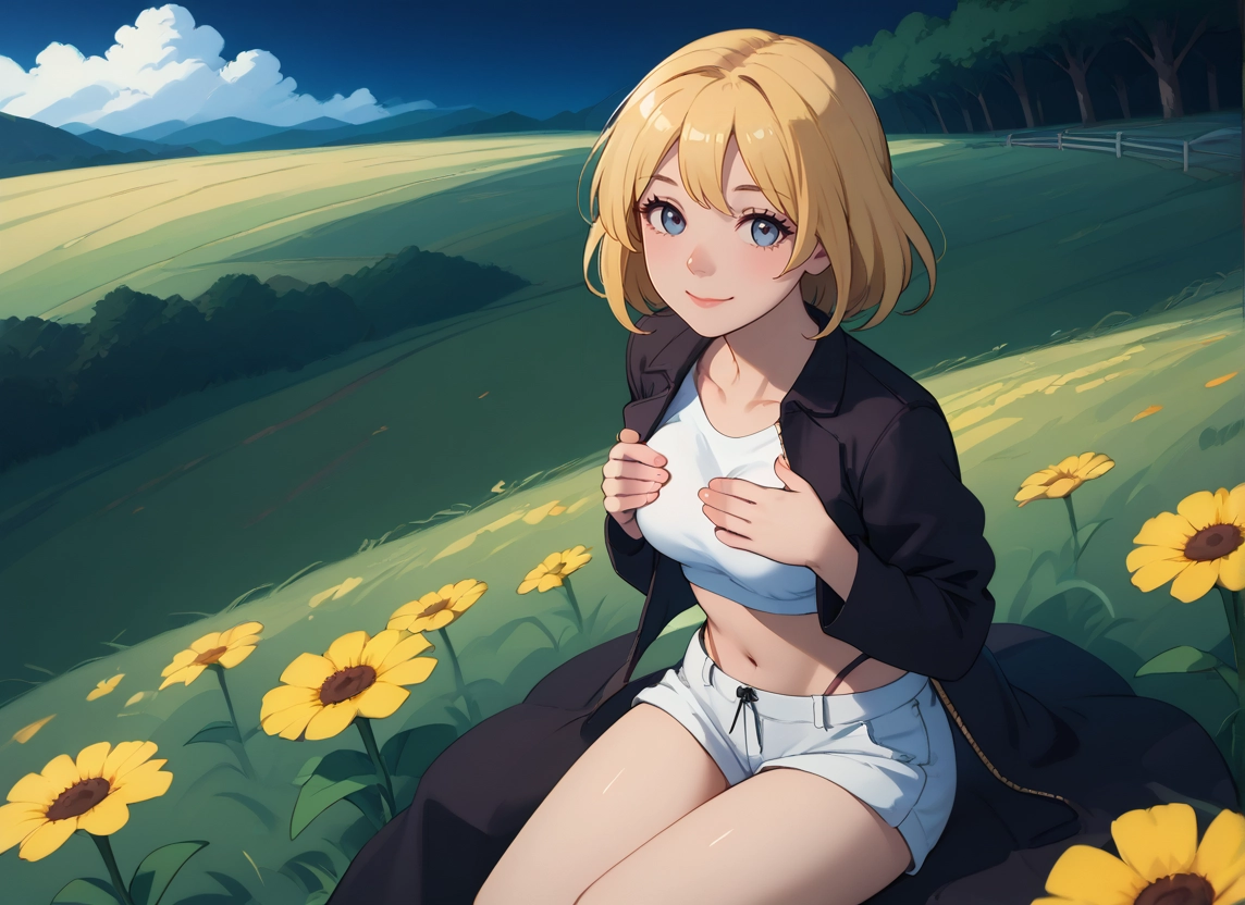 1girl, flower, solo, shorts, blonde hair, blue eyes · Yamete.gg