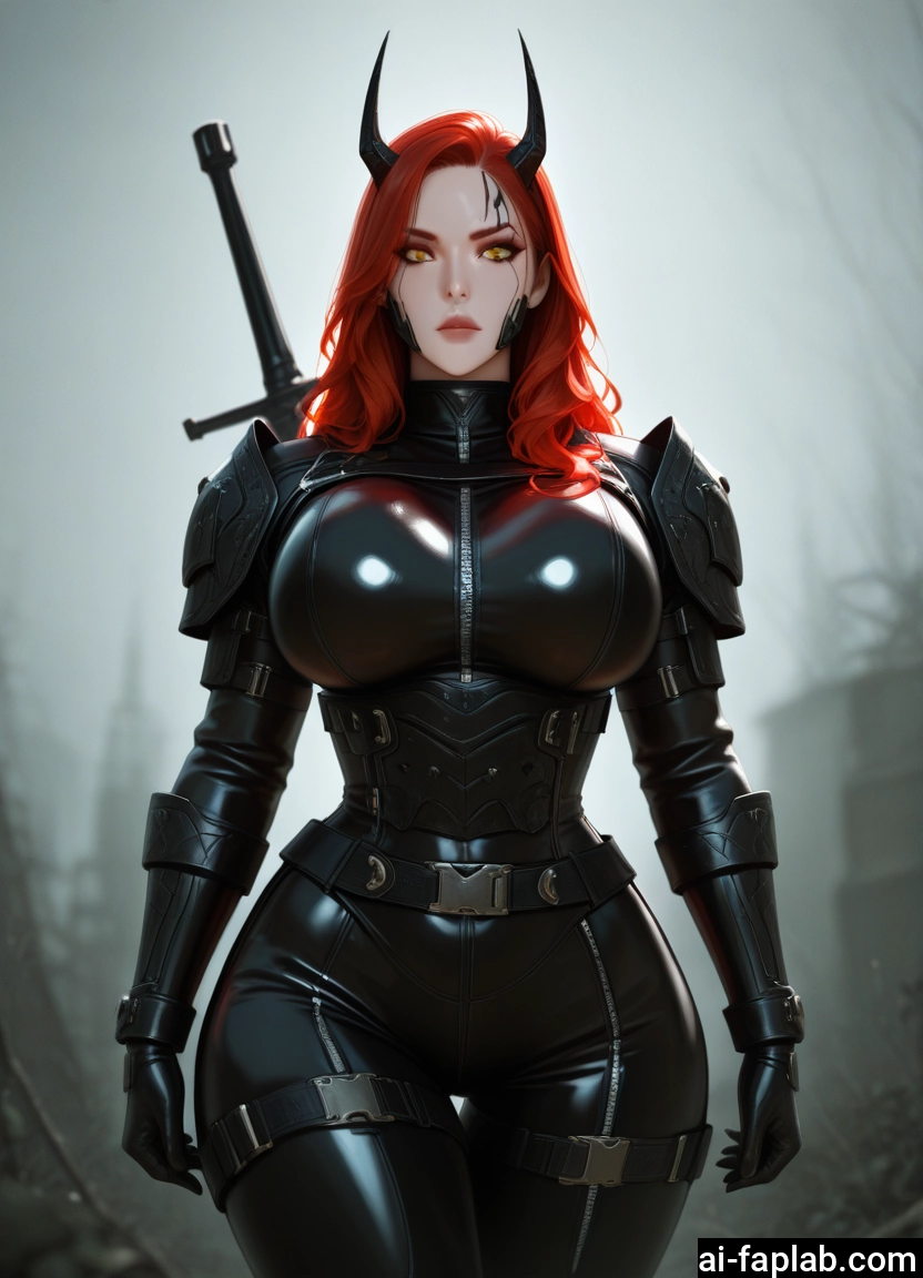 1girl, breasts, weapon, red hair, bodysuit, horns · Yamete.gg