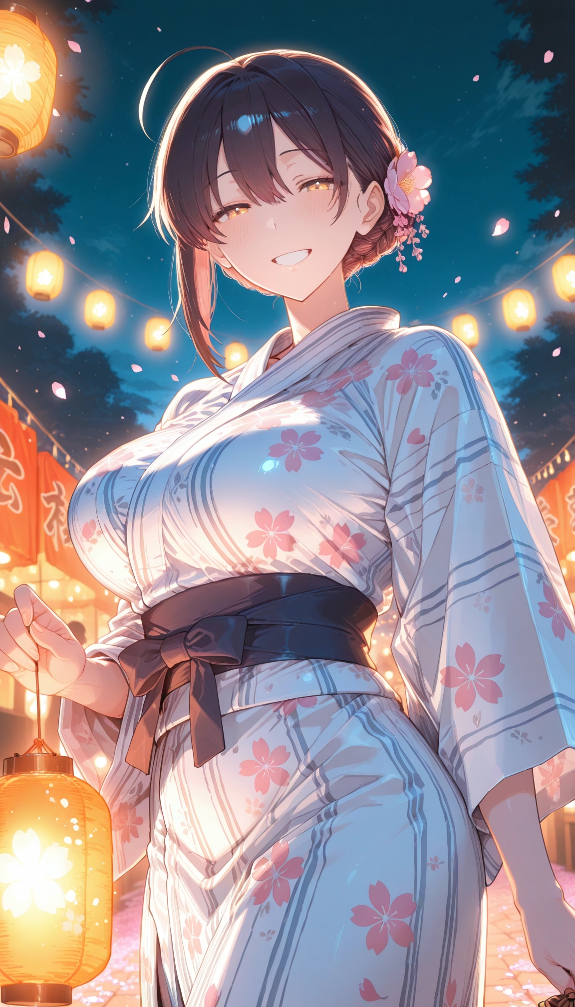 1girl, japanese clothes, smile, kimono, solo, breasts · Yamete.gg