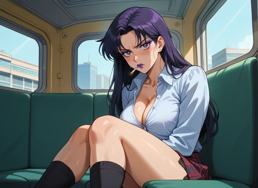 breasts, 1girl, skirt, cleavage, cigarette, long hair · Yamete.gg