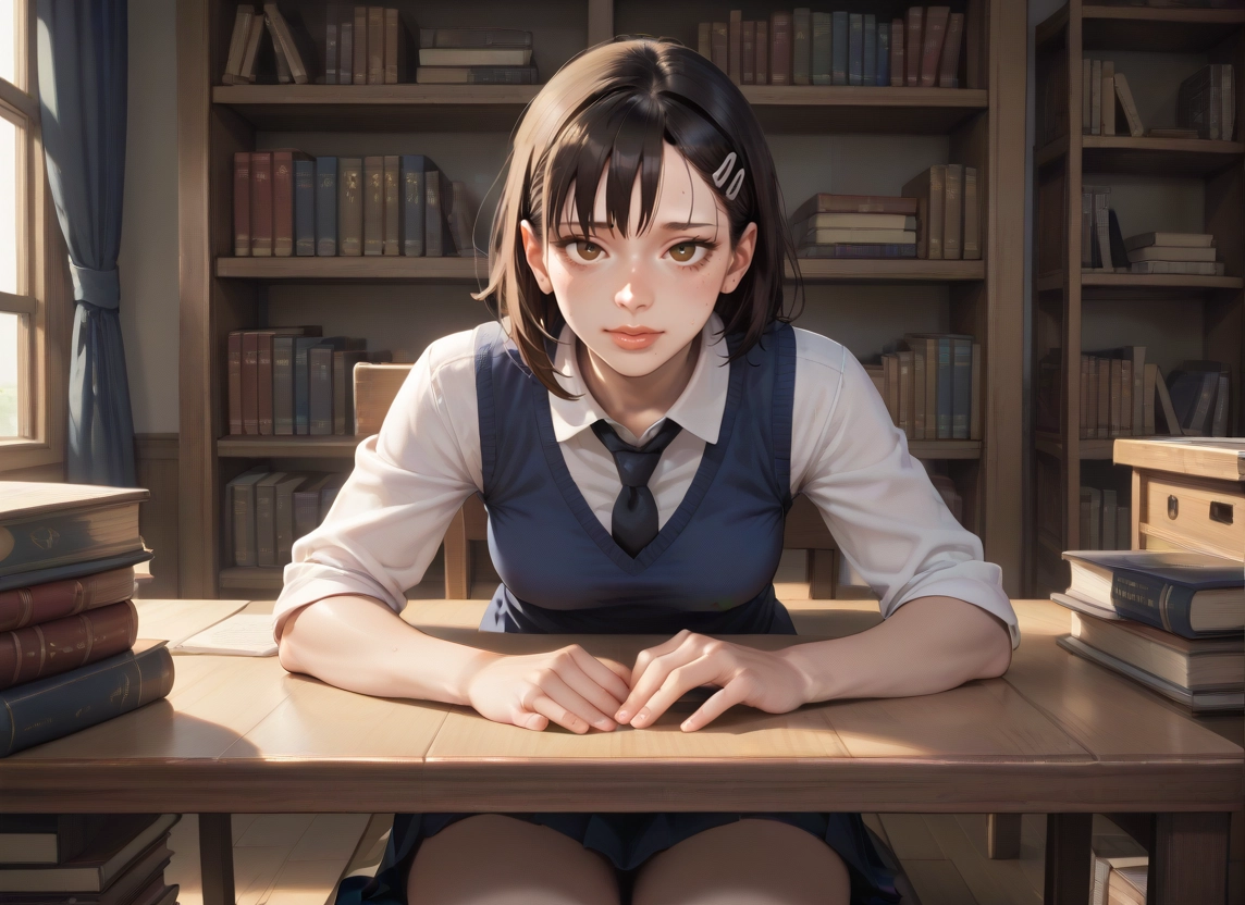 1girl, book, solo, hair ornament, necktie, bookshelf · Yamete.gg