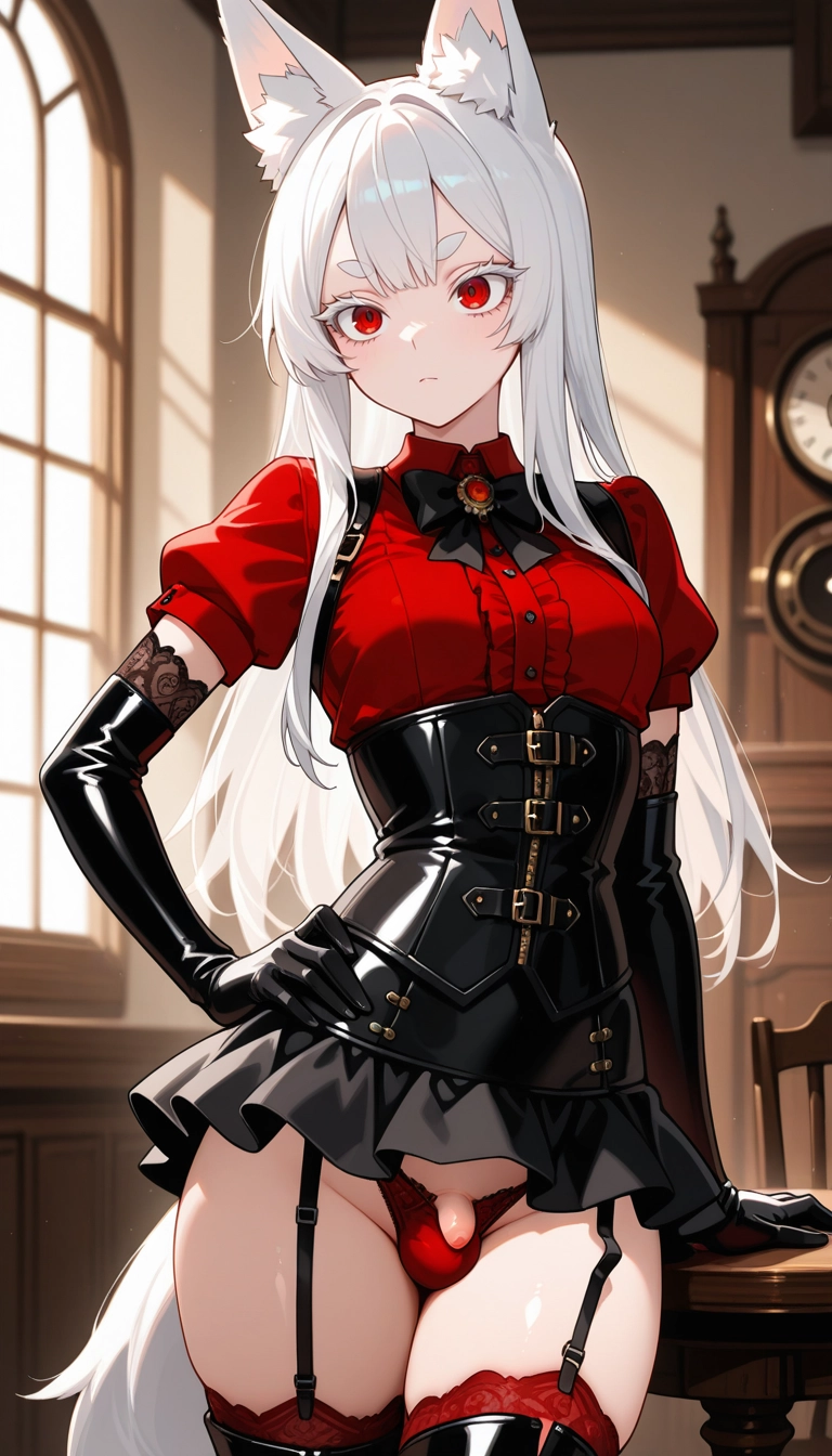 gloves, solo, animal ears, elbow gloves, garter straps, red eyes · Yamete.gg