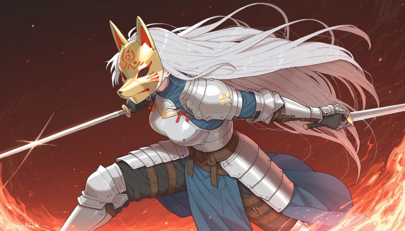 1girl, long hair, armor, fox mask, weapon, solo · Yamete.gg