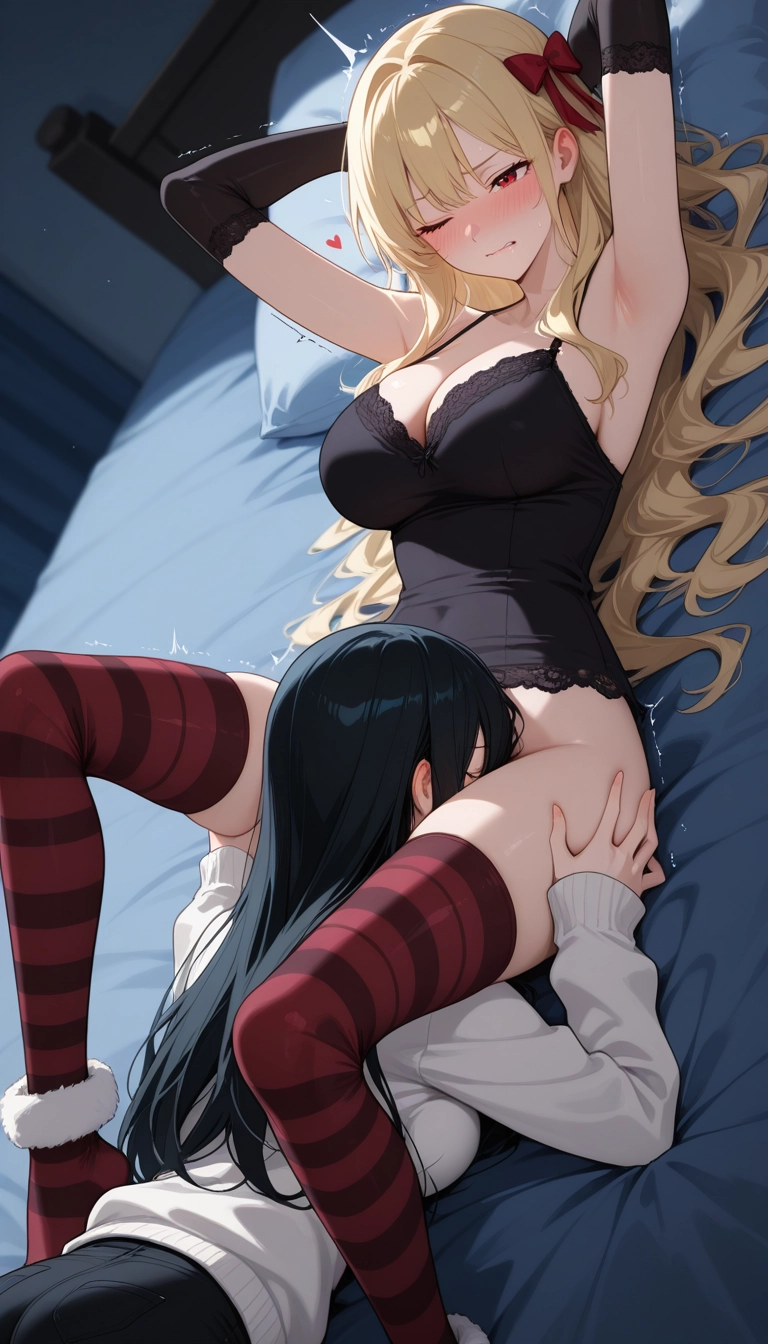 cunnilingus, multiple girls, blonde hair, thighhighs, lying, oral