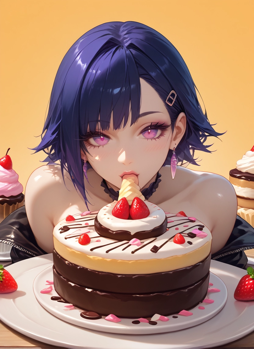 1girl, food, solo, jewelry, earrings, cake · Yamete.gg