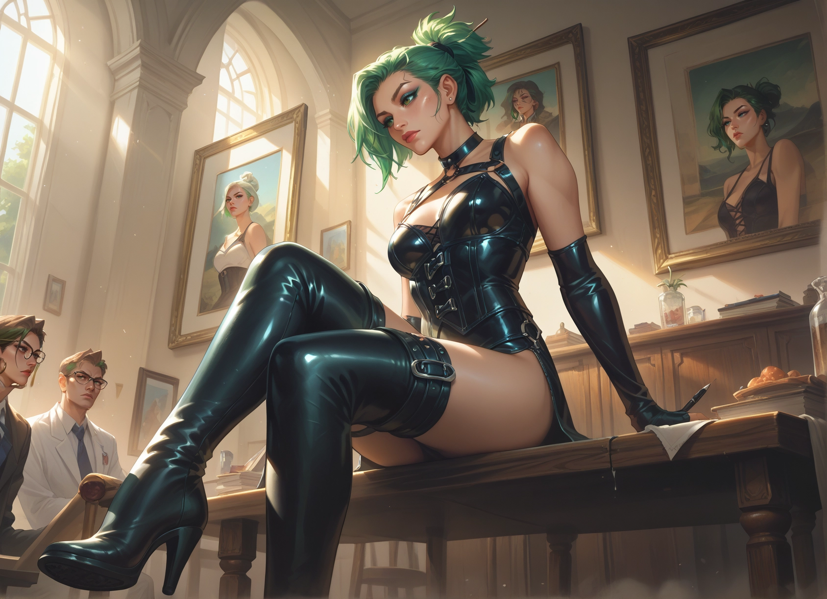 gloves, boots, thighhighs, high heels, multiple girls, green hair · Yamete.gg