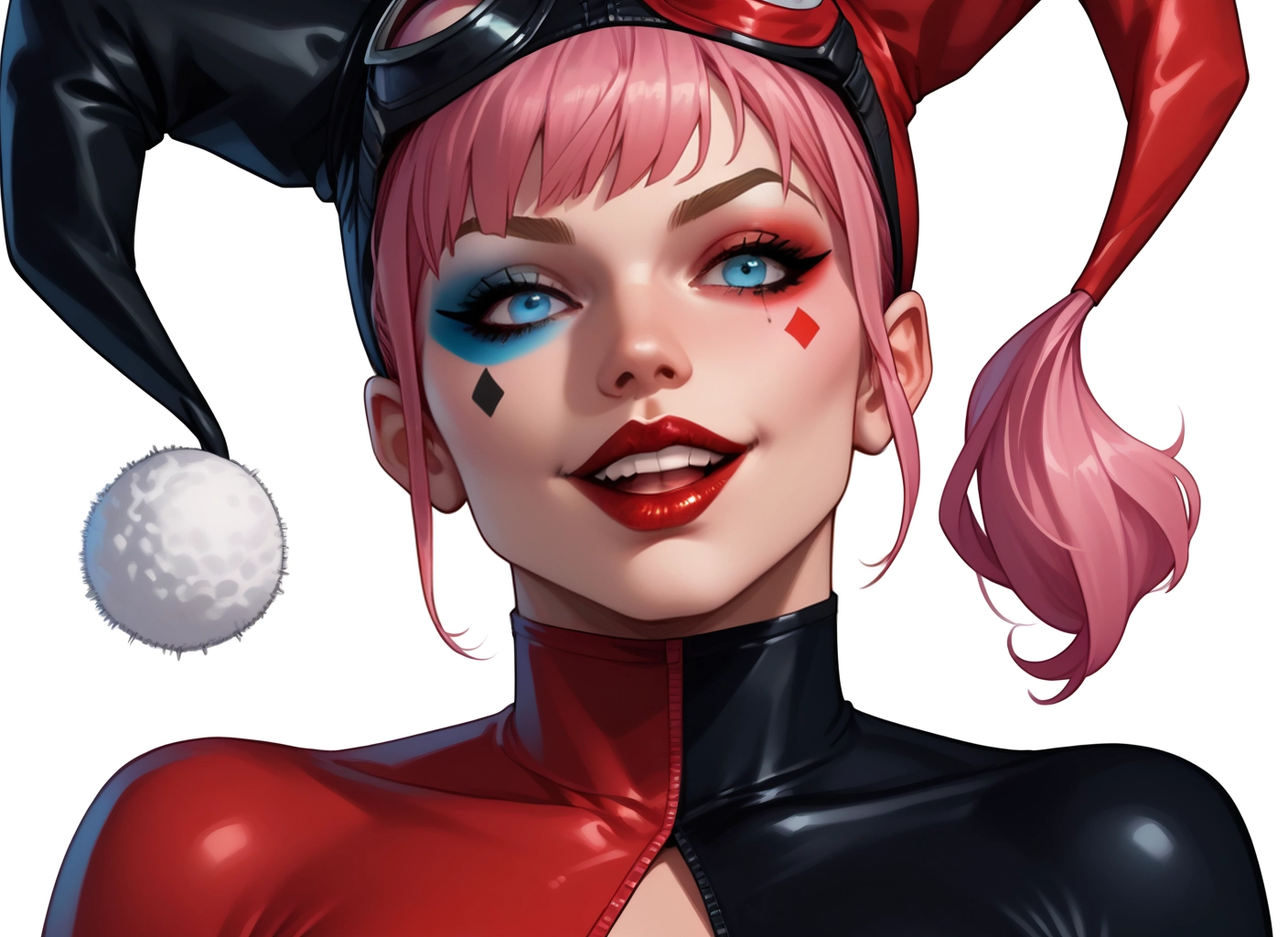 1girl, solo, pink hair, blue eyes, hat, makeup