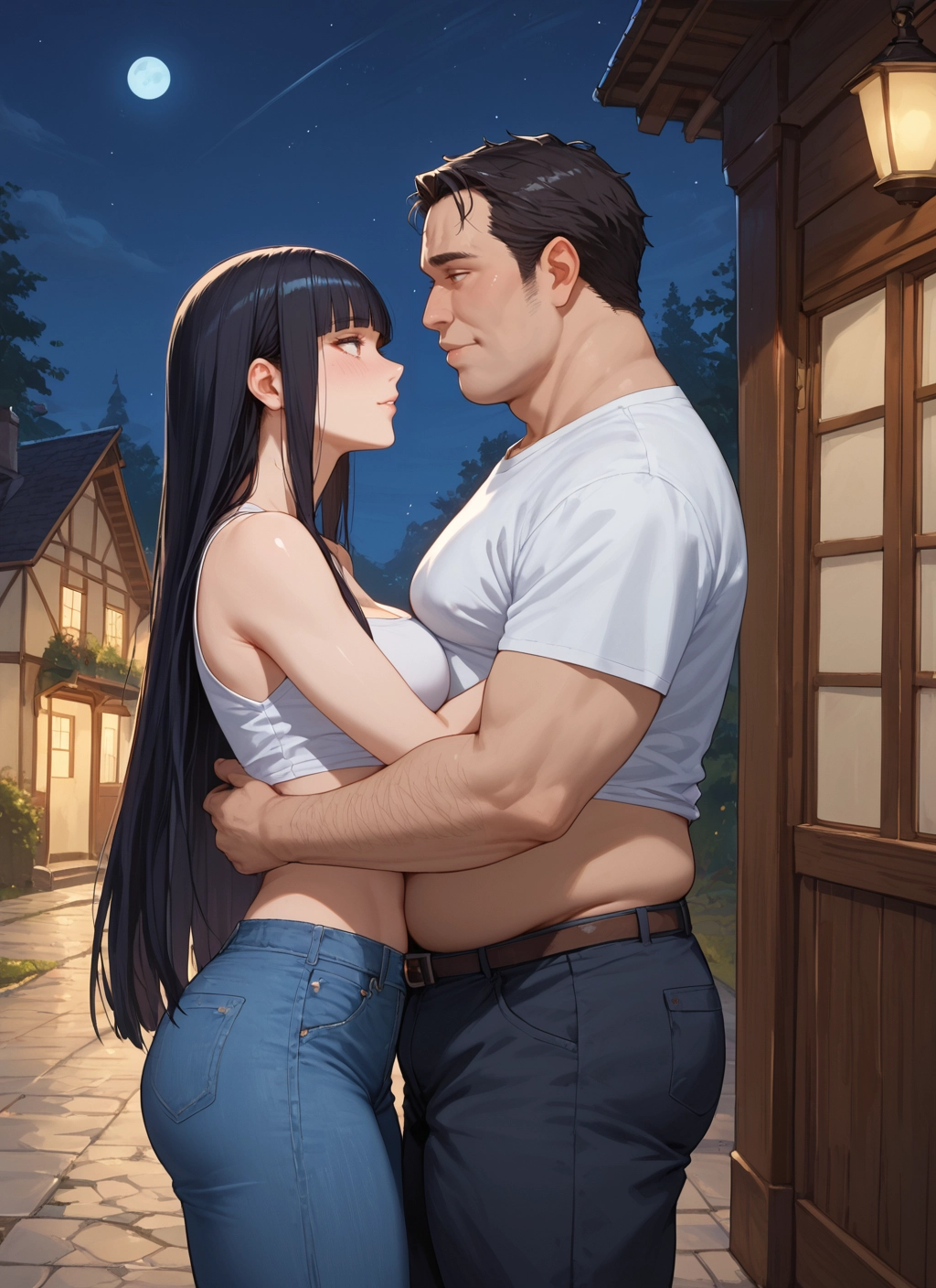 1girl, 1boy, long hair, black hair, pants, moon · Yamete.gg