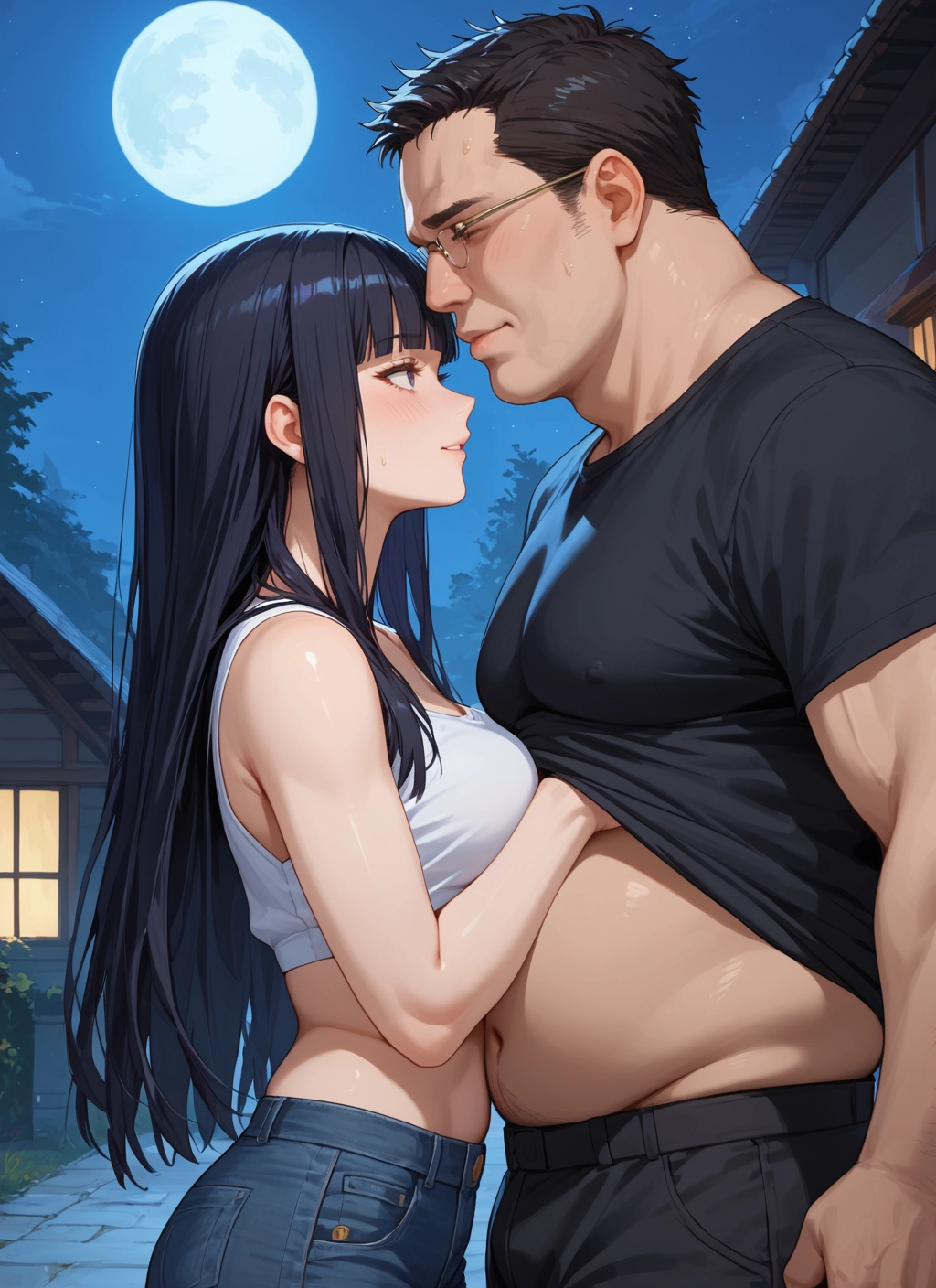 1girl, 1boy, black hair, long hair, moon, breasts · Yamete.gg