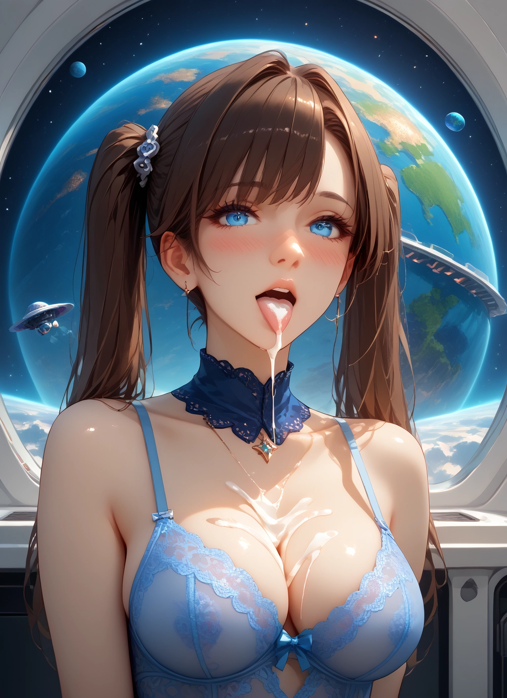 breasts, 1girl, blue eyes, twintails, cum, cum in mouth · Yamete.gg