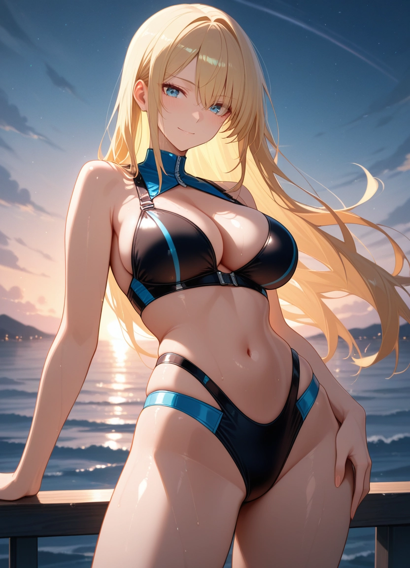 1girl, breasts, solo, blonde hair, navel, swimsuit
