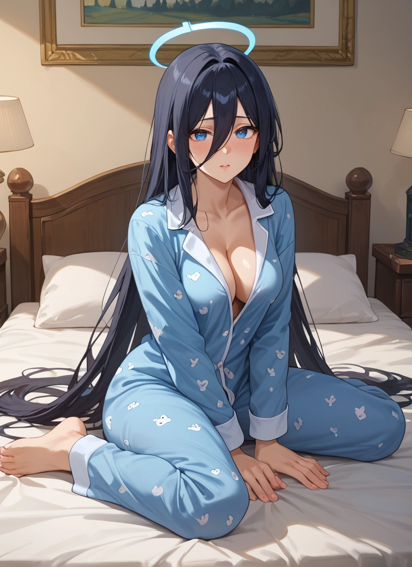1girl, breasts, long hair, blue eyes, pajamas, barefoot