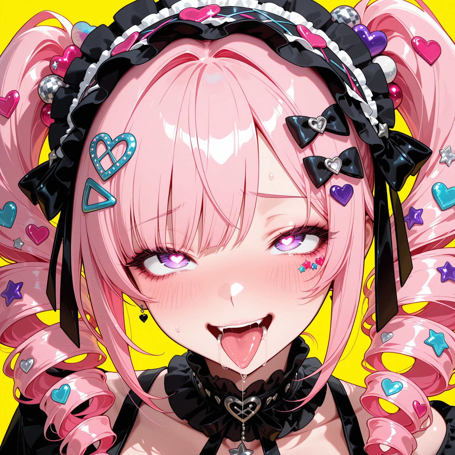 pink hair, heart, solo, tongue, yellow background, 1girl · Yamete.gg