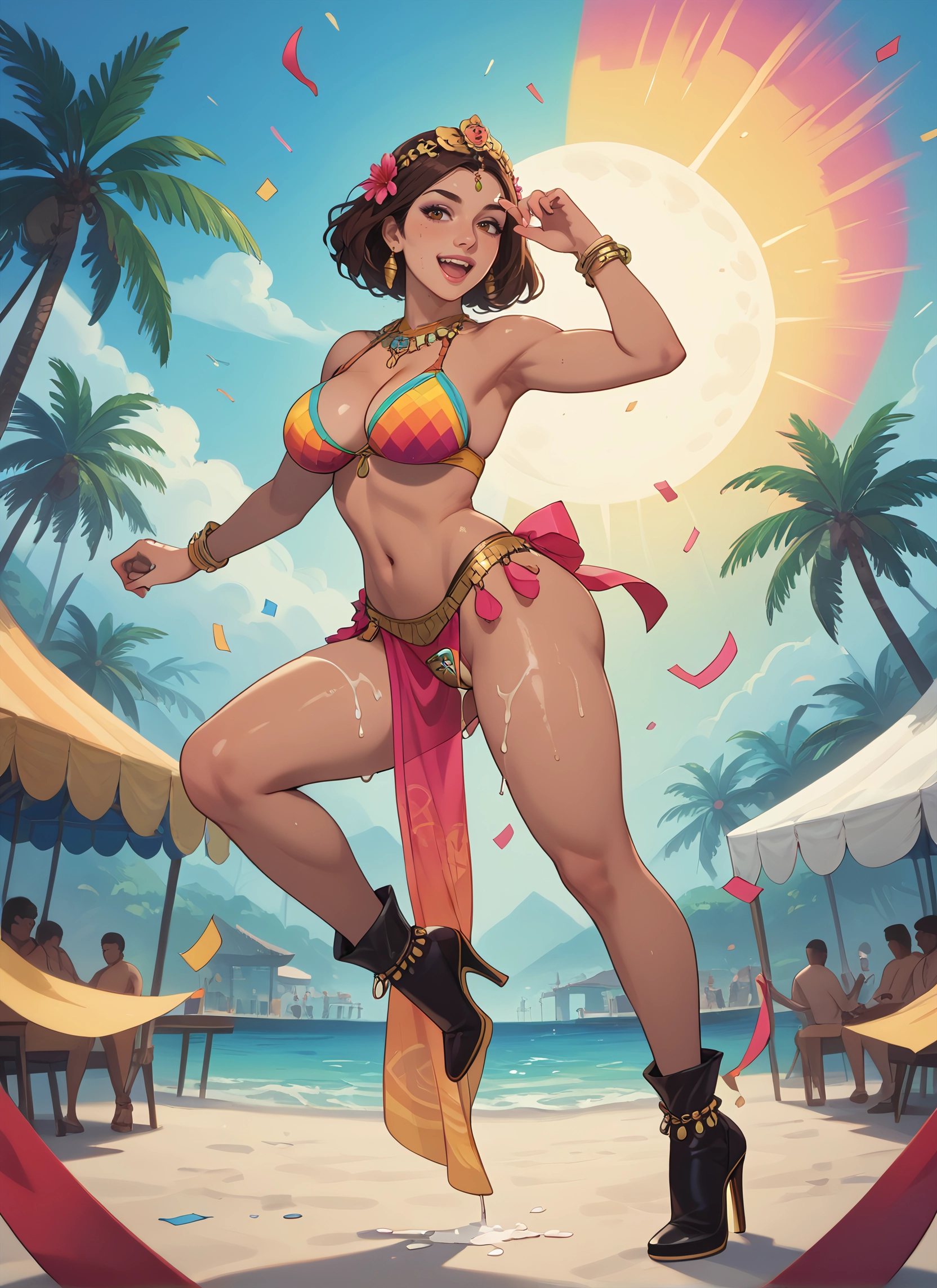 breasts, jewelry, 1girl, beach, brown hair, high heels · Yamete.gg