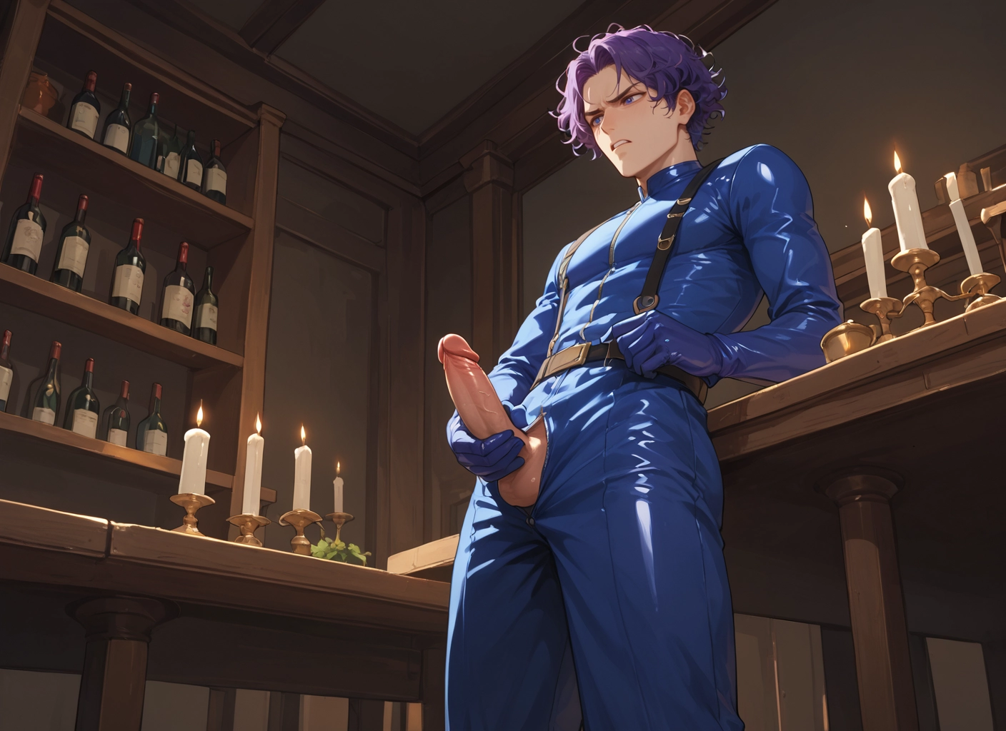 male focus, 1boy, penis, solo, erection, purple hair · Yamete.gg