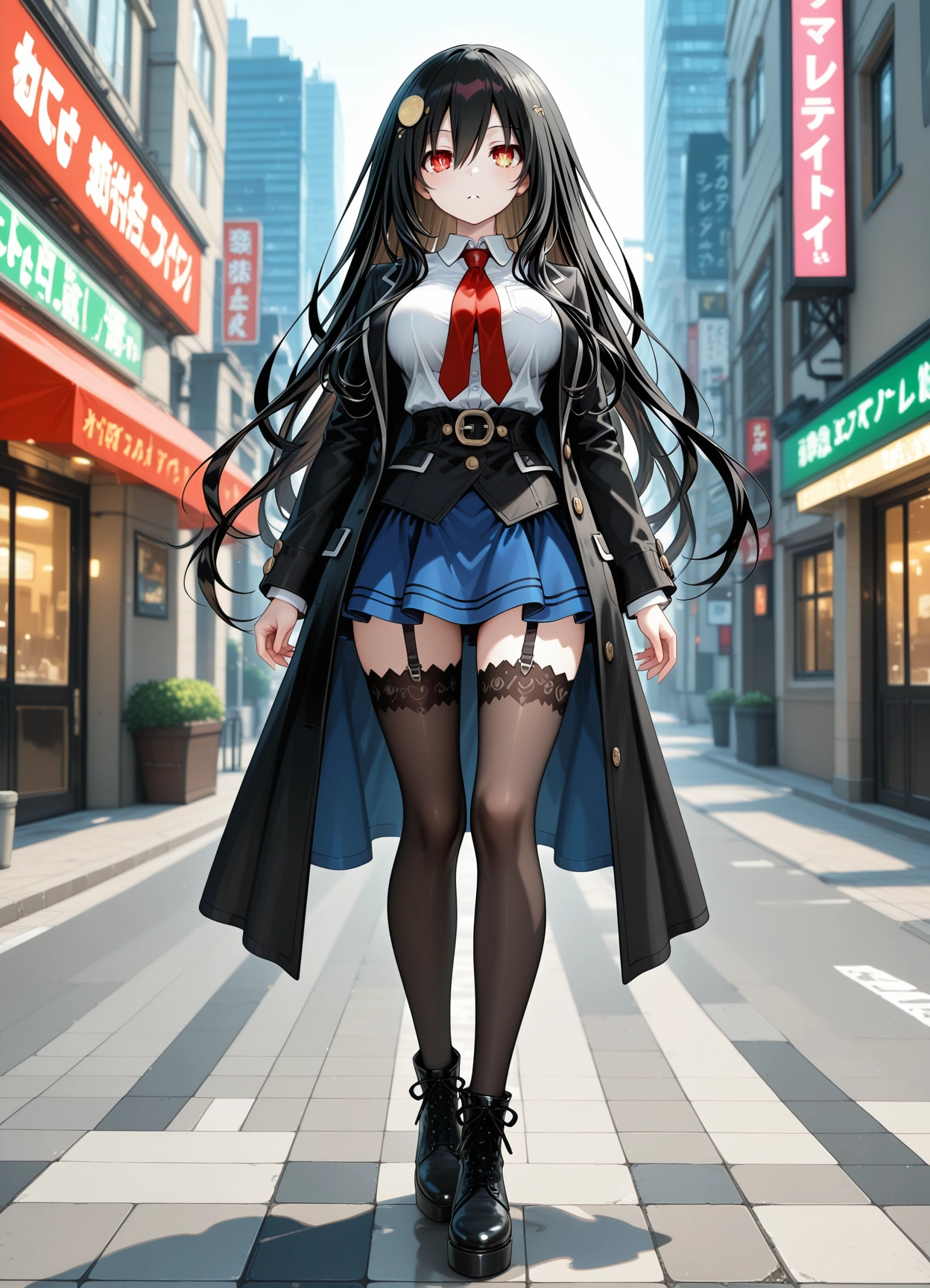1girl, lace-trimmed legwear, red eyes, necktie, lace trim, solo · Yamete.gg