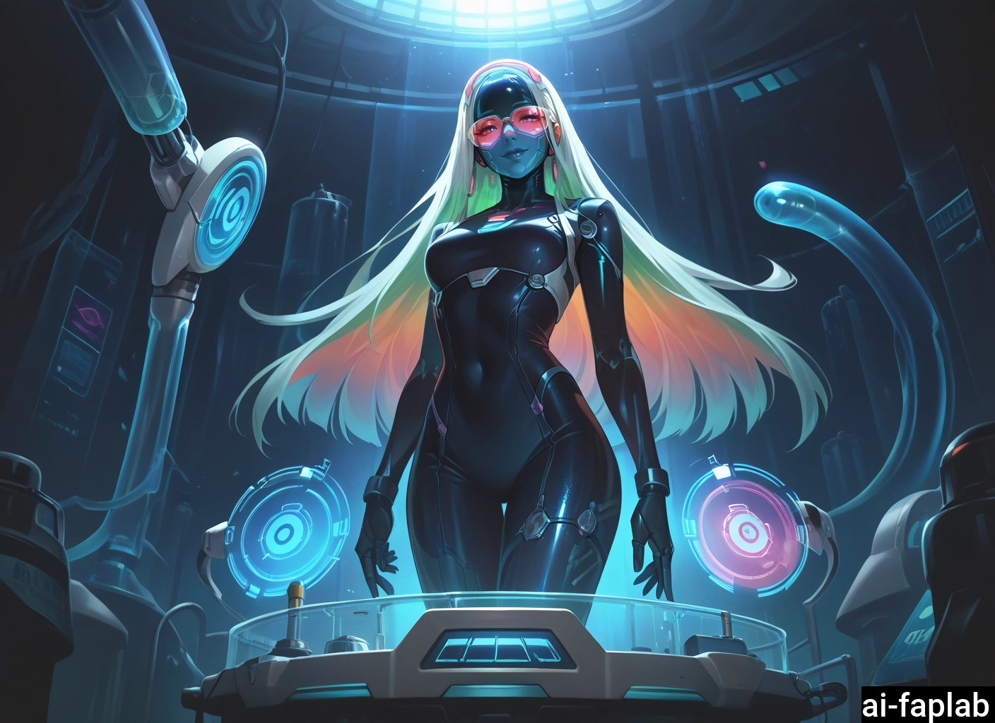1girl, long hair, bodysuit, covered navel, multicolored hair, breasts