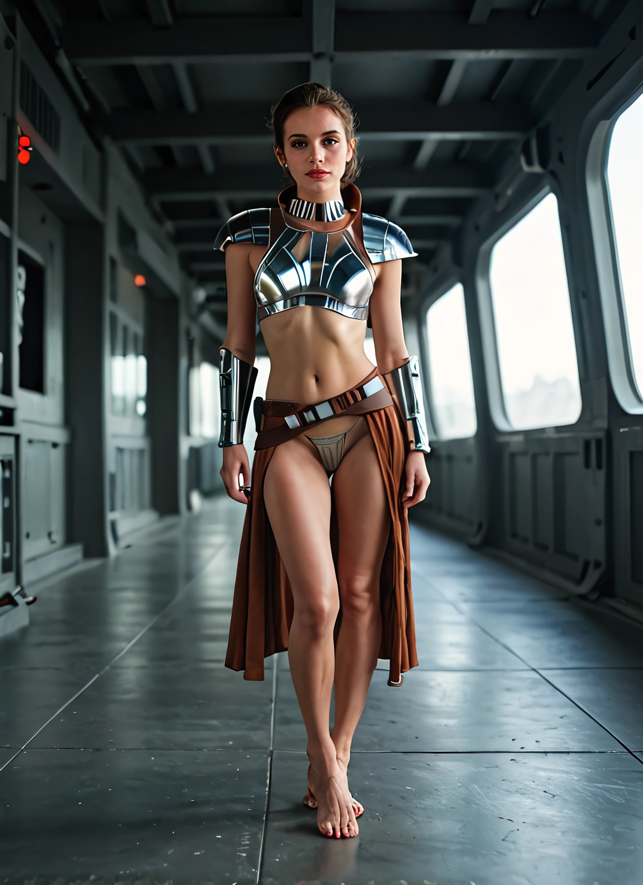 1girl, solo, armor, barefoot, navel, short hair · Yamete.gg