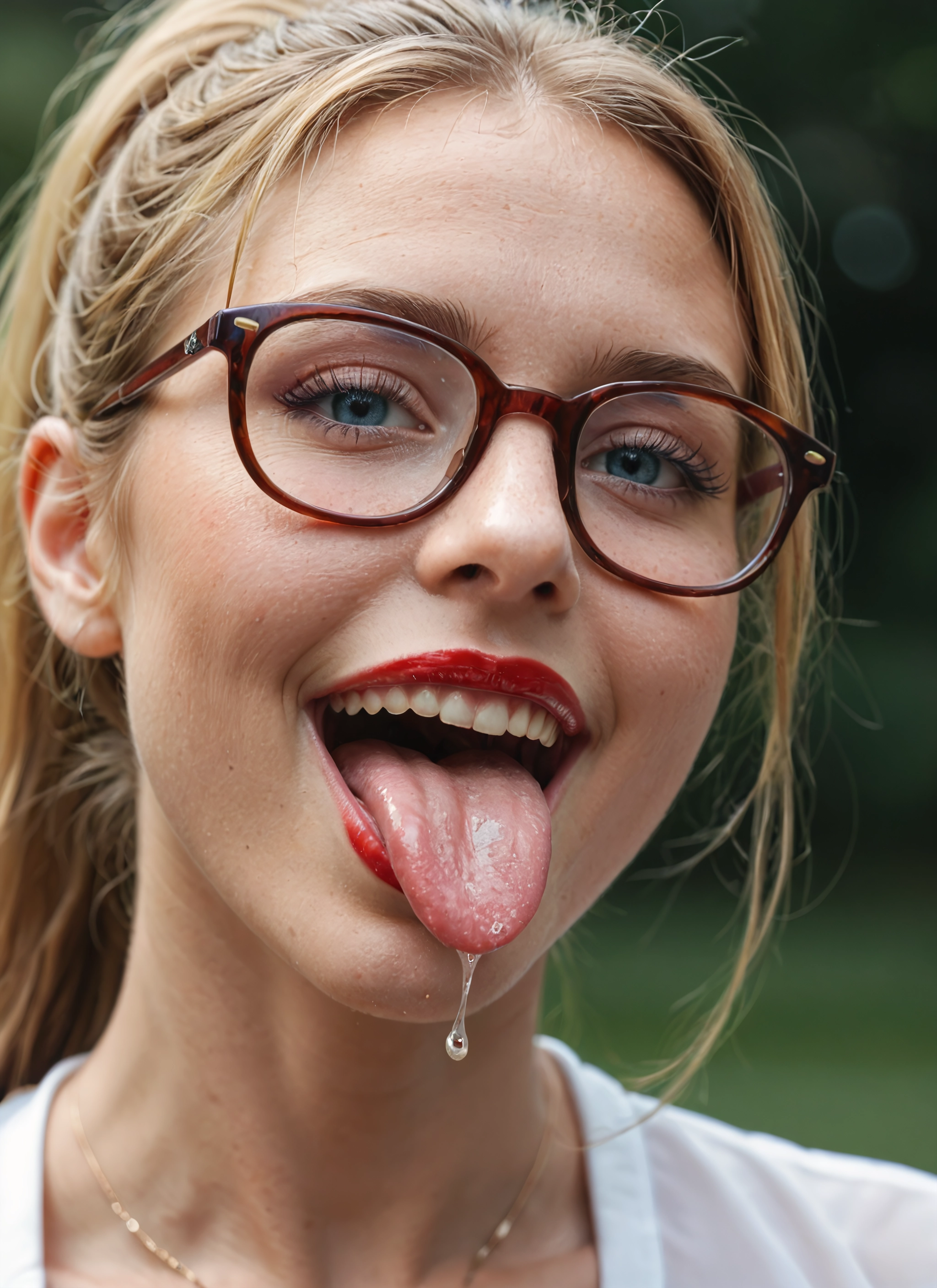 1girl, solo, tongue, glasses, tongue out, blonde hair · Yamete.gg