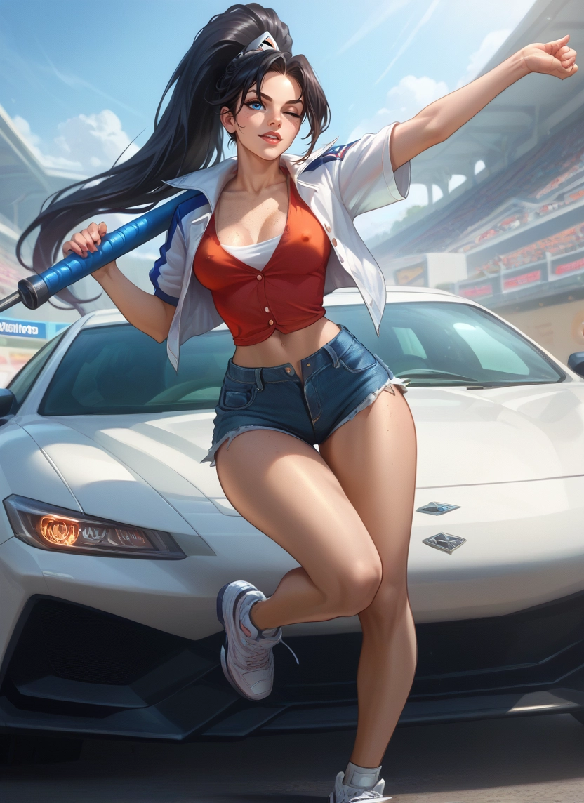 1girl, breasts, nipples, shorts, ground vehicle, motor vehicle · Yamete.gg