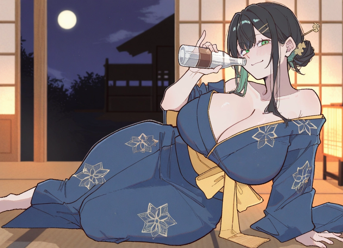 1girl, breasts, japanese clothes, kimono, black hair, cleavage