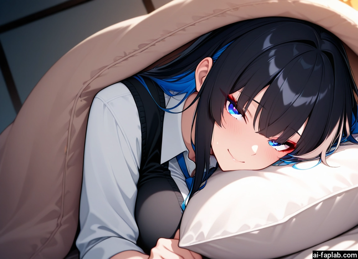 1girl, black hair, blue eyes, solo, smile, multicolored hair