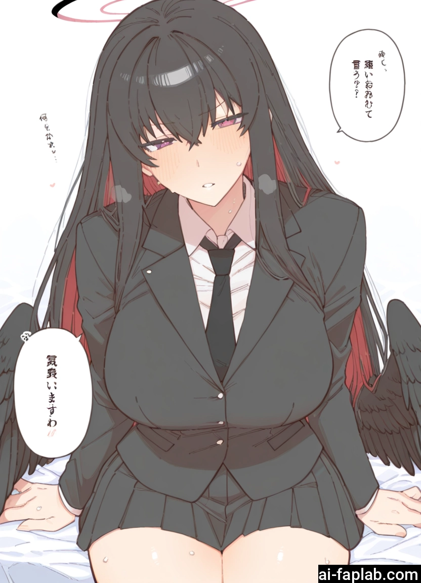 1girl, wings, halo, black hair, skirt, breasts · Yamete.gg