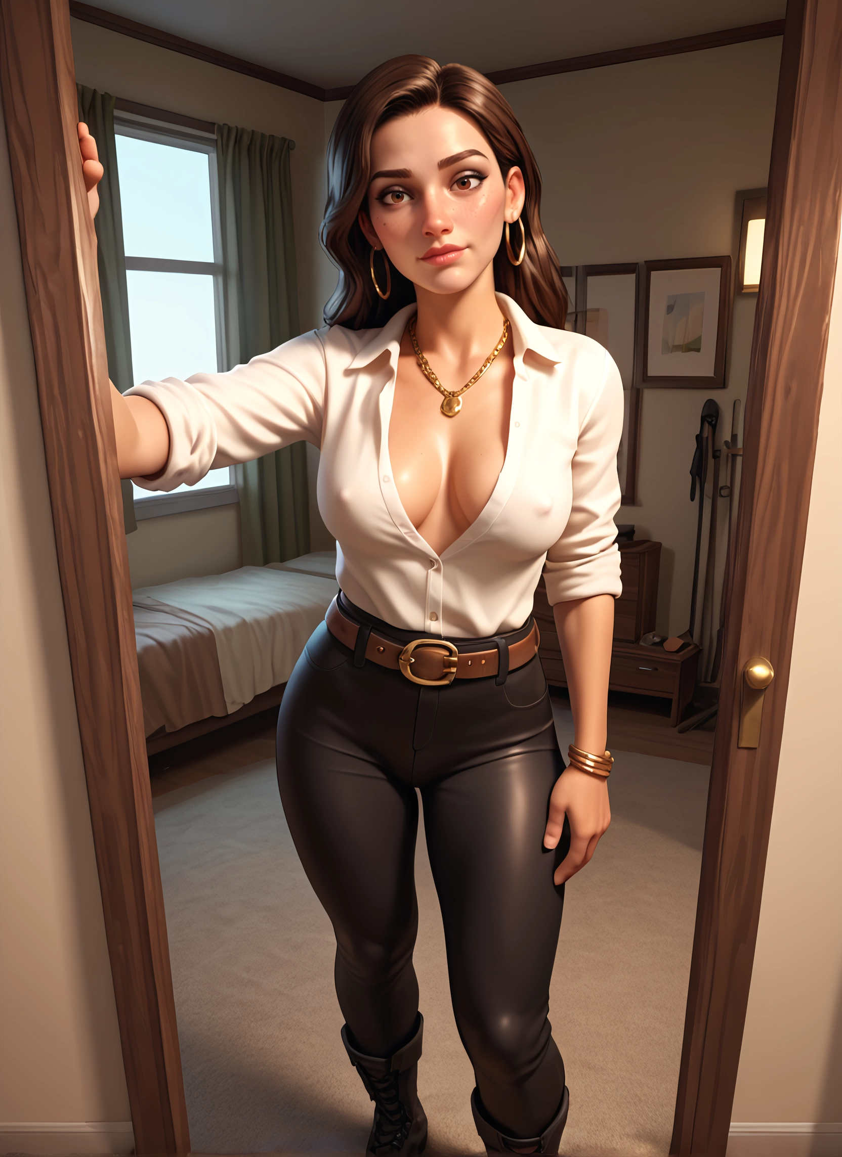 1girl, breasts, jewelry, earrings, brown hair, pants · Yamete.gg