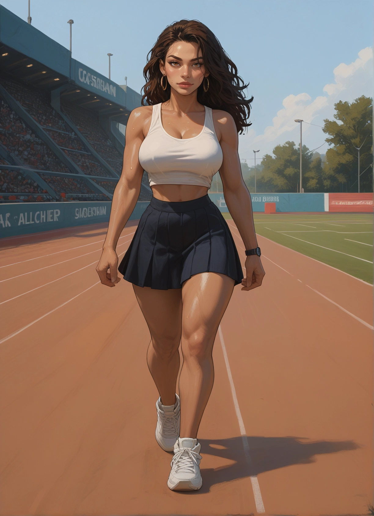 1girl, breasts, skirt, jewelry, earrings, brown hair · Yamete.gg