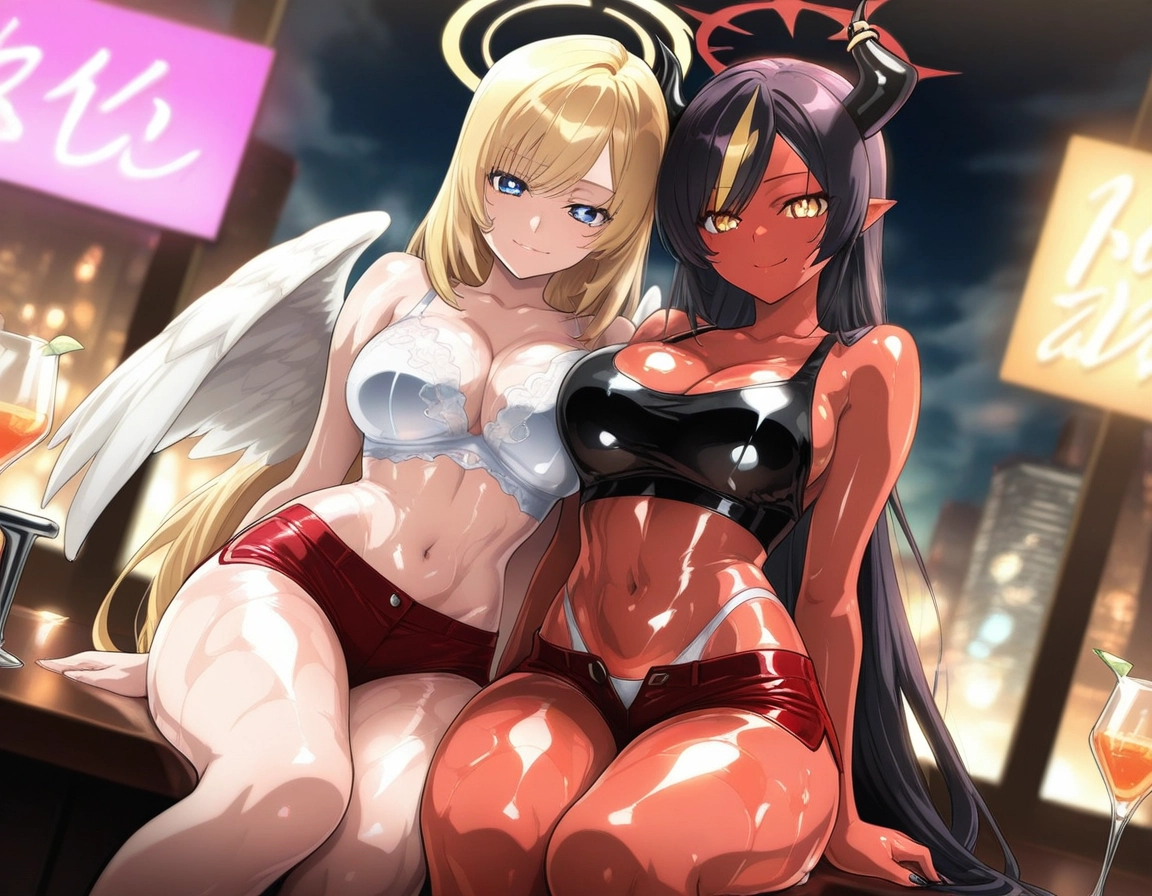 multiple girls, breasts, 2girls, blonde hair, horns, halo · Yamete.gg