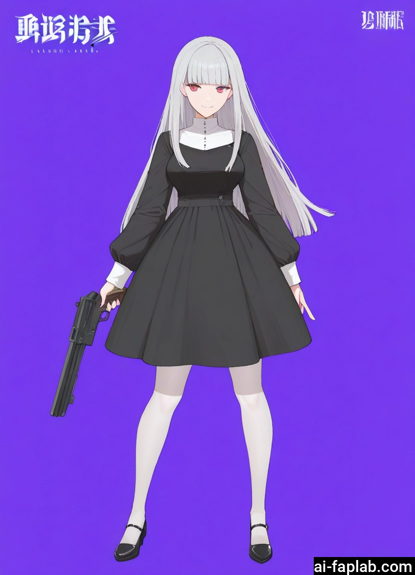 1girl, weapon, gun, long hair, solo, dress · Yamete.gg