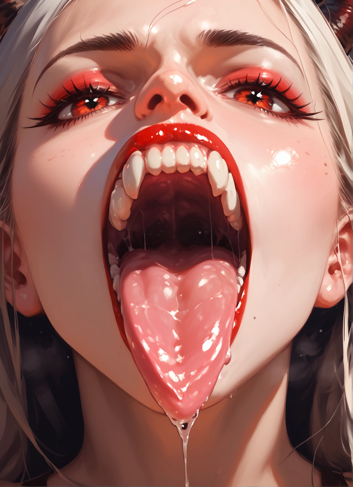 1girl, solo, tongue, open mouth, horns, tongue out · Yamete.gg