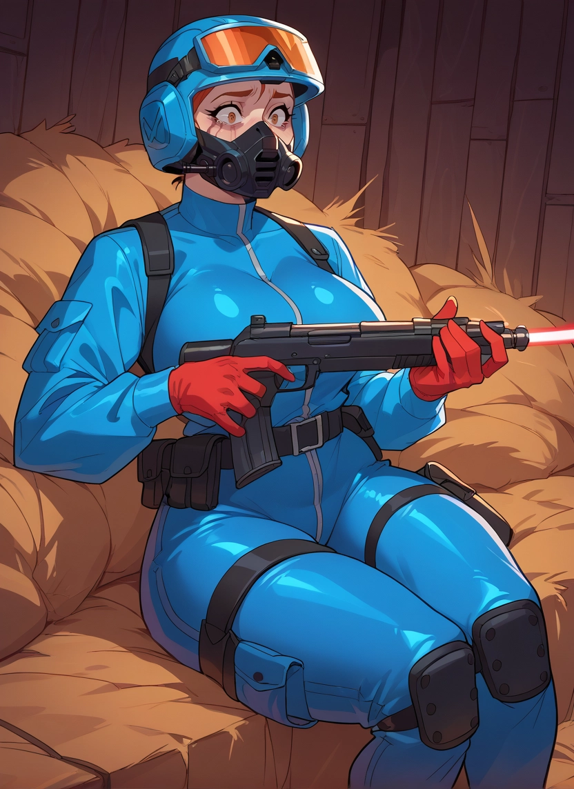 1girl, weapon, gun, gloves, solo, breasts