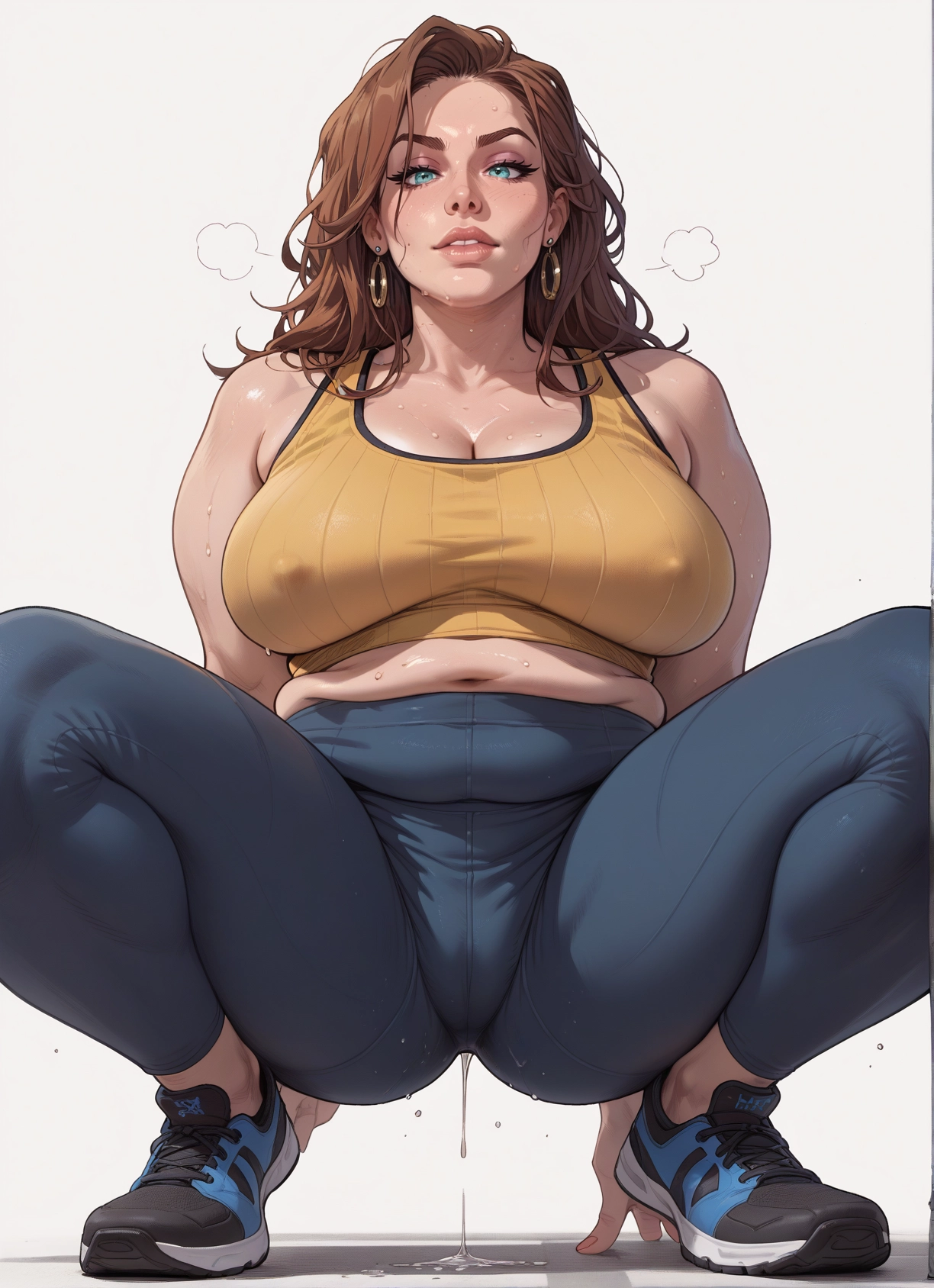 1girl, breasts, jewelry, earrings, sweat, squatting · Yamete.gg