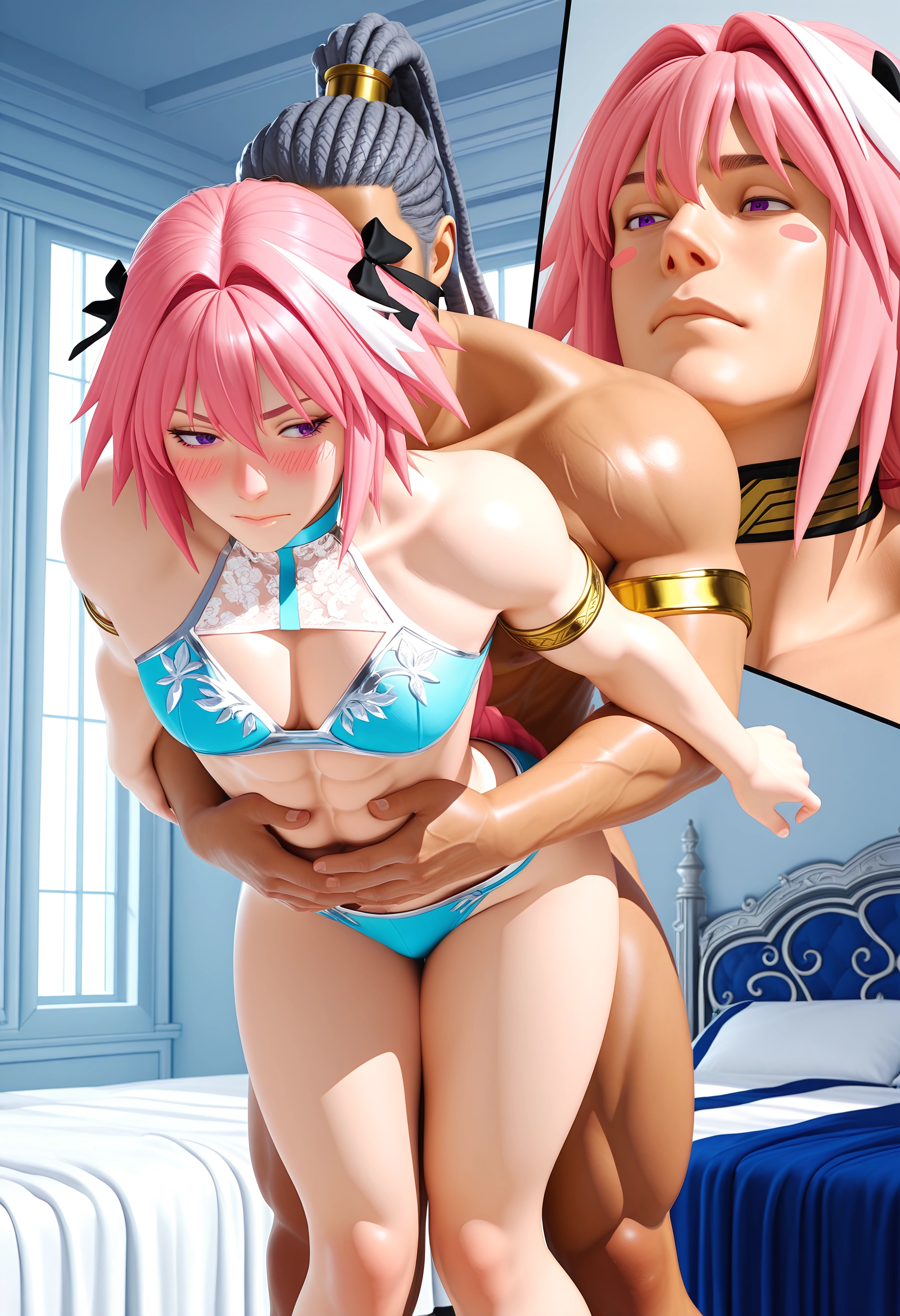 yaoi, pink hair, blush, purple eyes, multiple boys, braid · Yamete.gg