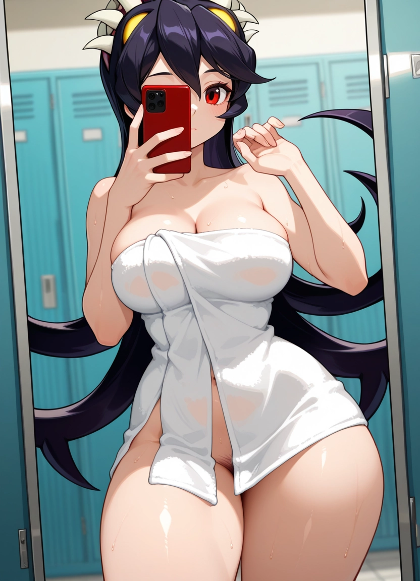 1girl, breasts, filia (skullgirls), phone, red eyes, solo · Yamete.gg