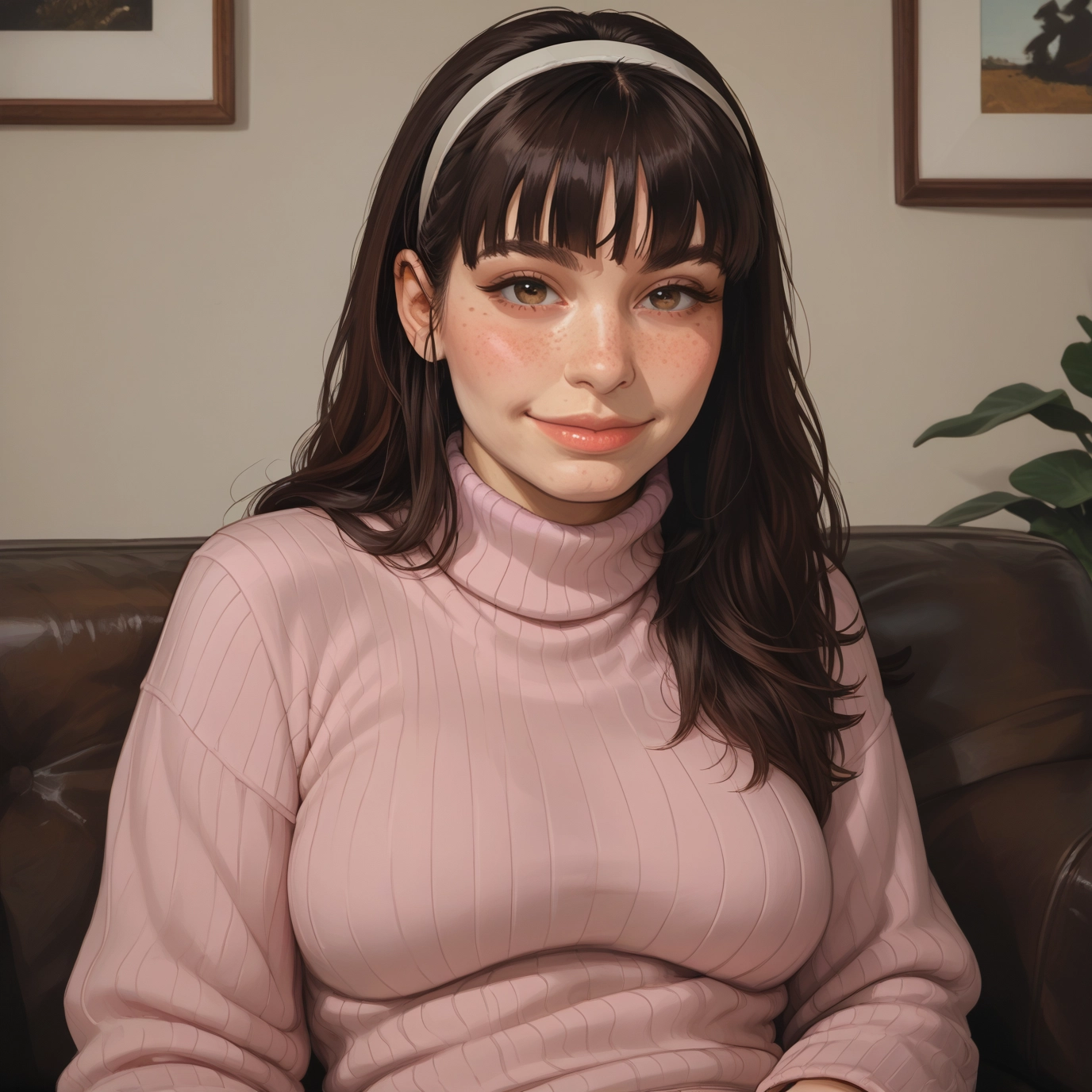 1girl, solo, sweater, freckles, brown eyes, hairband · Yamete.gg