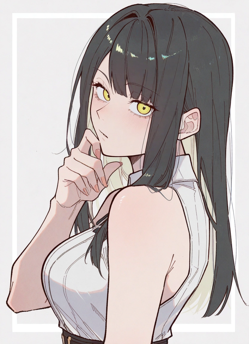 1girl, solo, yellow eyes, black hair, long hair, sleeveless · Yamete.gg