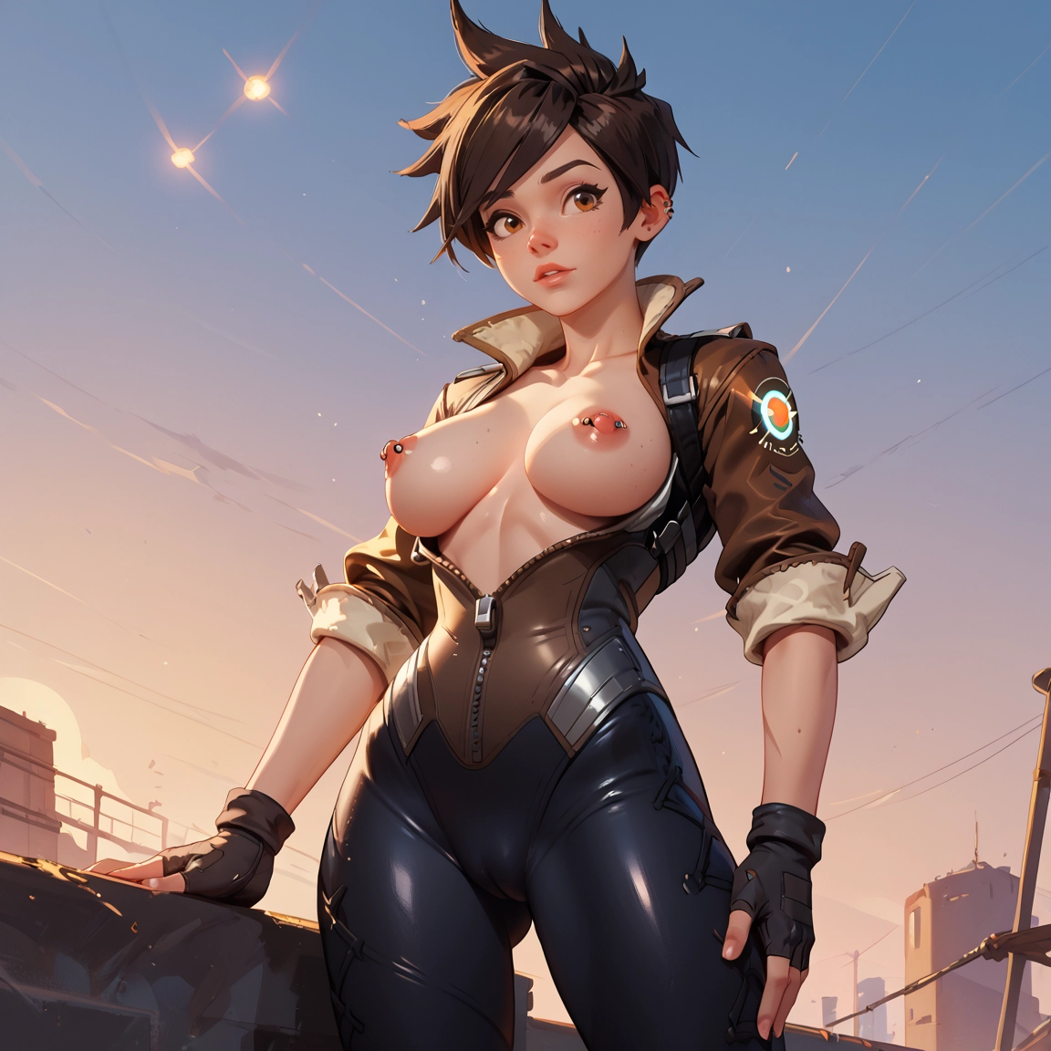 1girl, breasts, solo, gloves, brown hair, nipple piercing · Yamete.gg