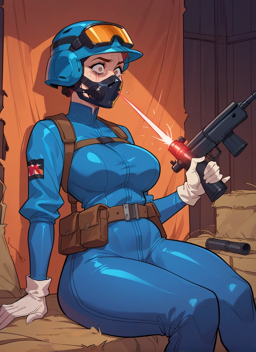 1girl, weapon, gun, gloves, breasts, solo