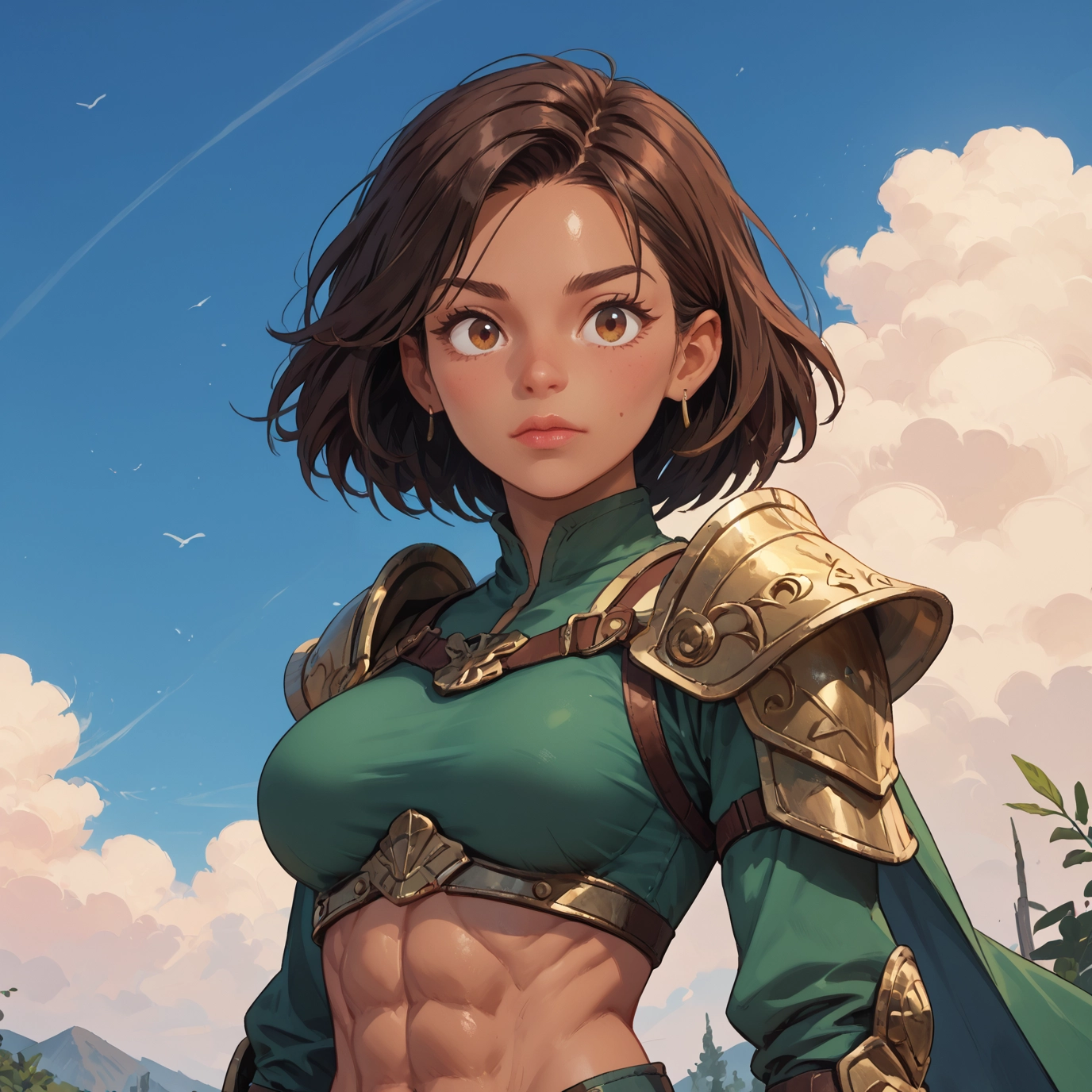1girl, brown hair, solo, jewelry, abs, earrings · Yamete.gg