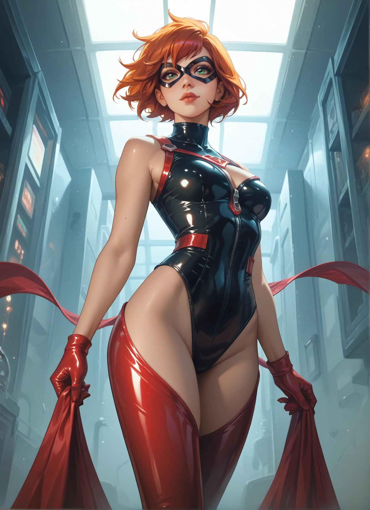 1girl, gloves, solo, mask, green eyes, breasts · Yamete.gg