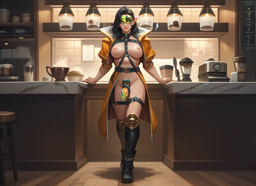 futanari, 1girl, pointy ears, breasts, nipples, solo