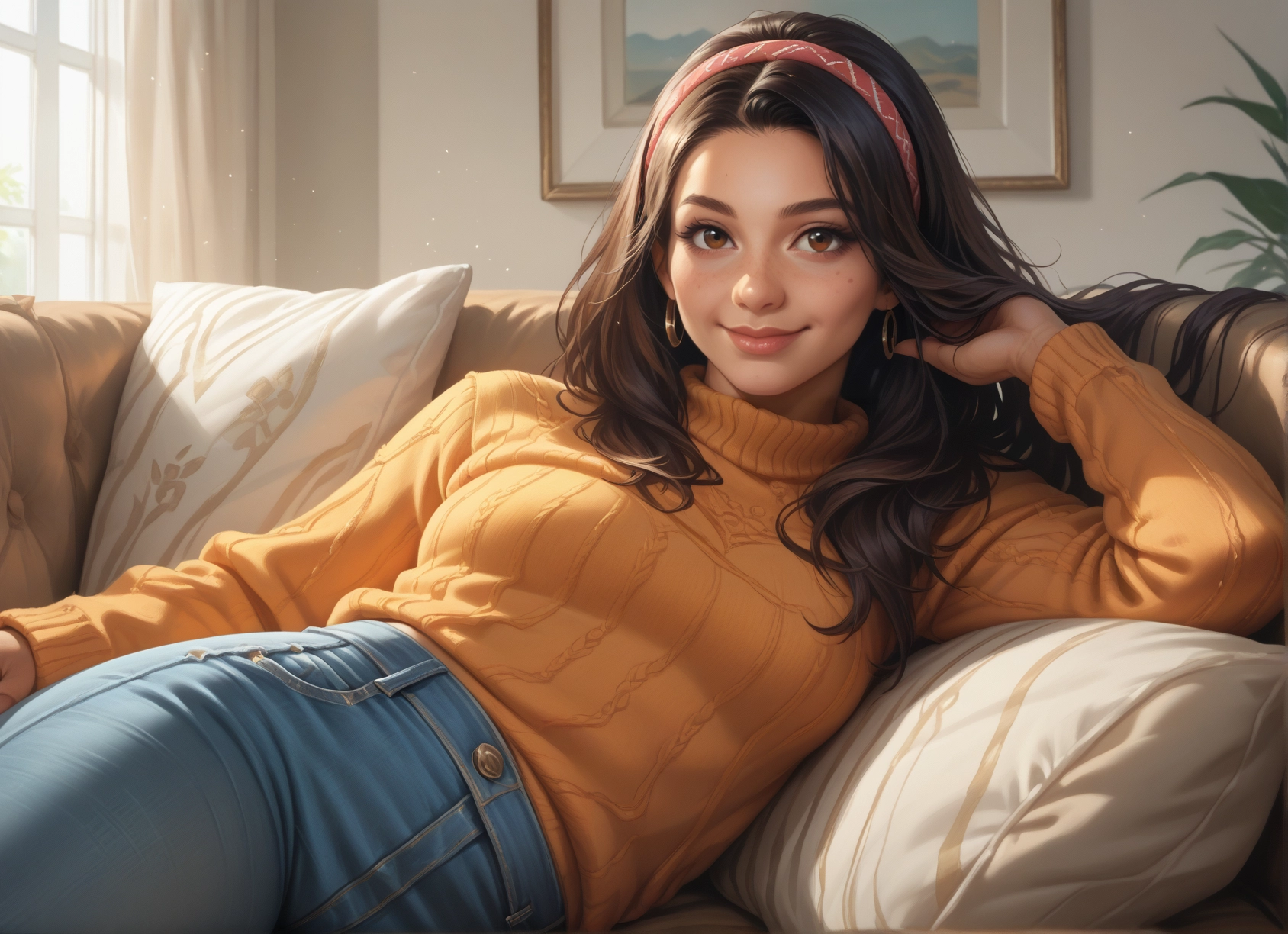 1girl, solo, jewelry, earrings, sweater, pants · Yamete.gg